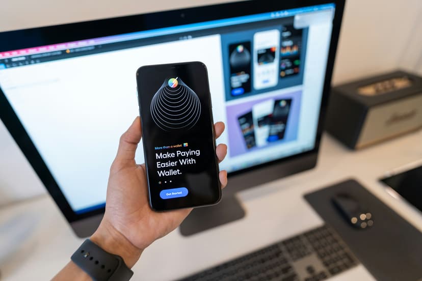 Close-up of hands holding smartphone displaying mobile payment app with credit card nearby on wooden desk
