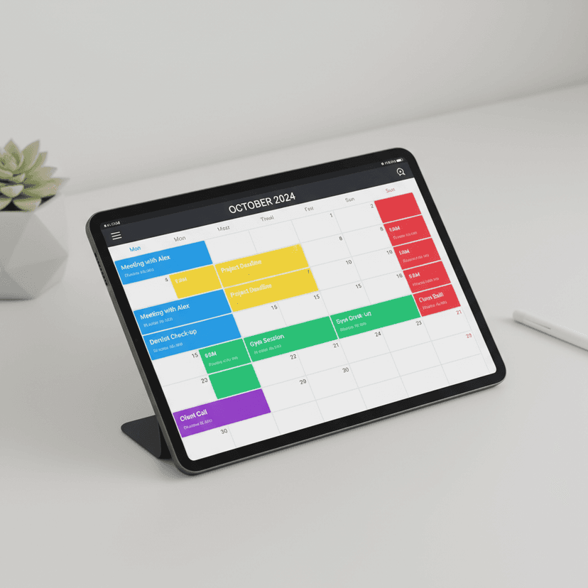 Calendar app on tablet screen showing monthly view with appointment slots marked in different colors