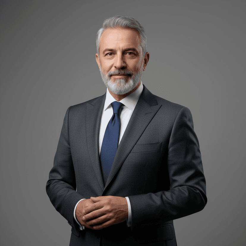 Middle-aged Turkish businessman with gray beard in white shirt looking confident