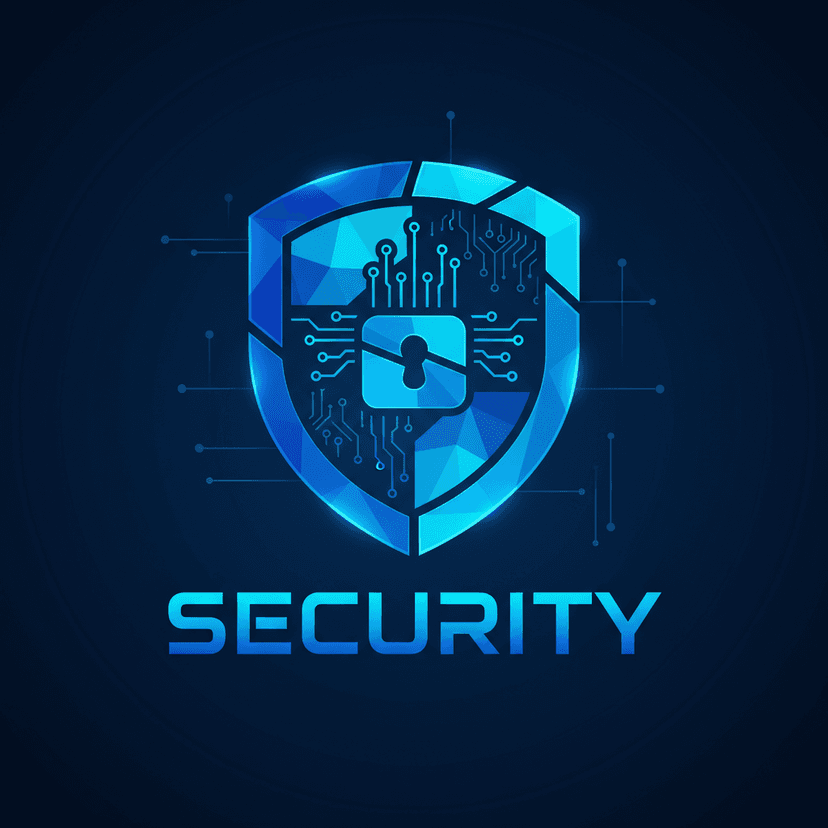Digital security concept with padlock icon and shield symbol on blue technology background with circuit patterns