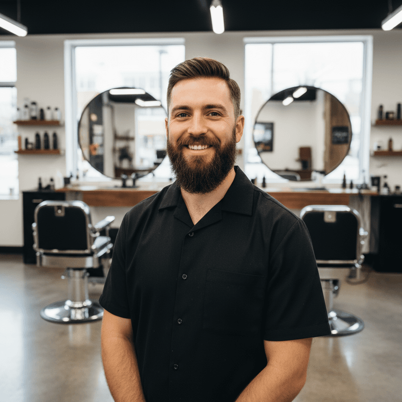 Smiling barber with beard wearing black shirt standing in modern barbershop with styling products on shelves
