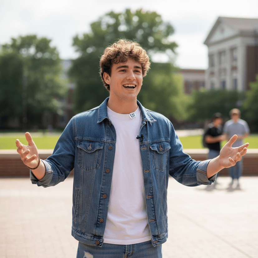 Young Turkish student with trendy haircut and casual denim jacket smiling outdoors