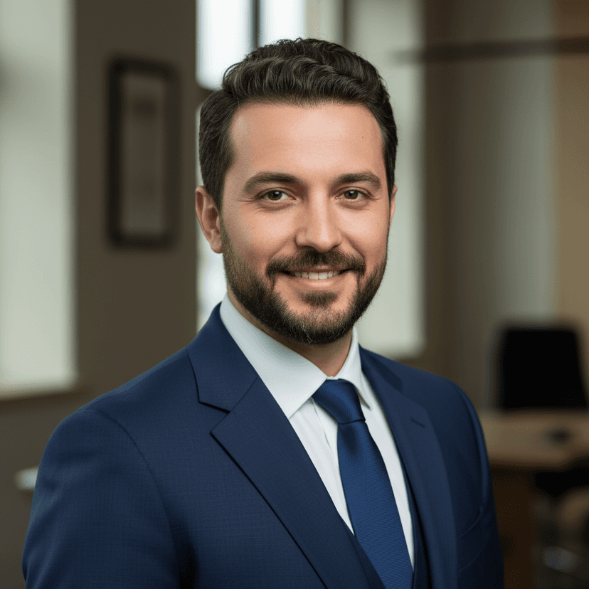 Professional headshot of Turkish man with short dark hair in navy blue suit smiling