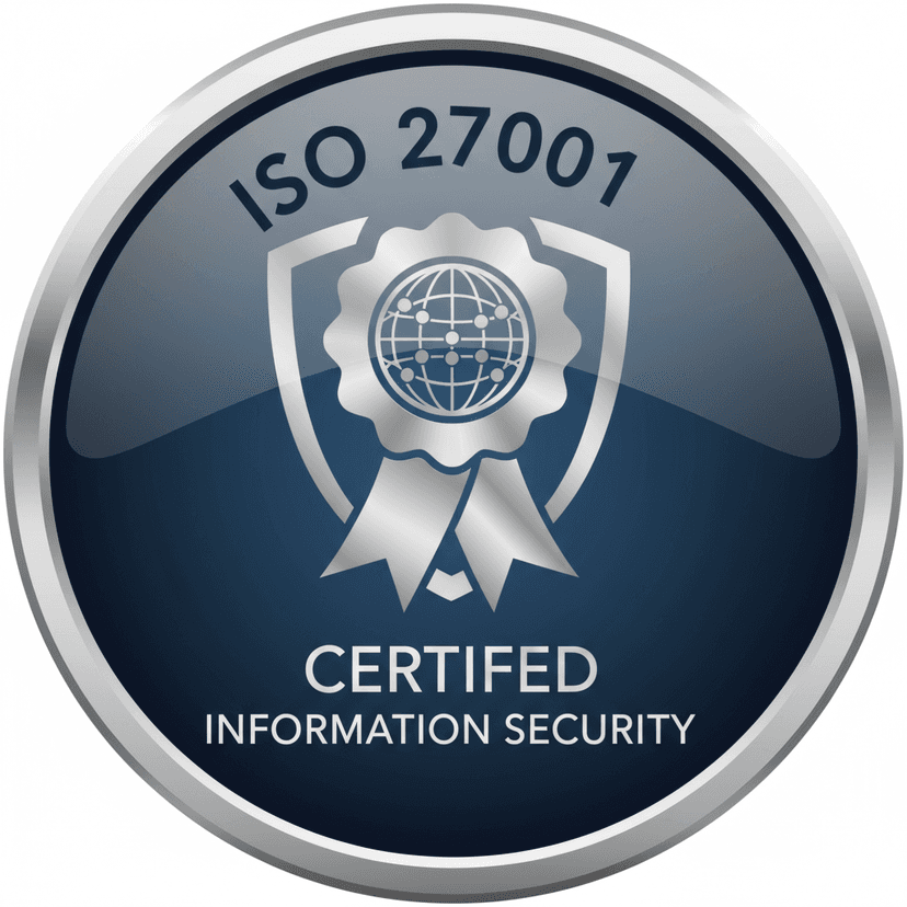 ISO 27001 certification badge with quality management system symbol on professional background