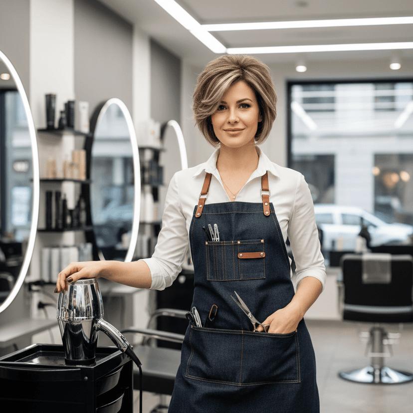 Professional Turkish hairstylist in black apron holding scissors in modern salon