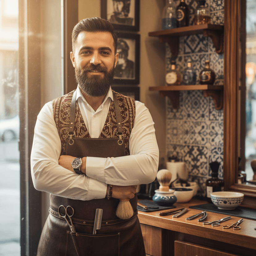 Experienced Turkish barber owner with trimmed beard in black polo shirt