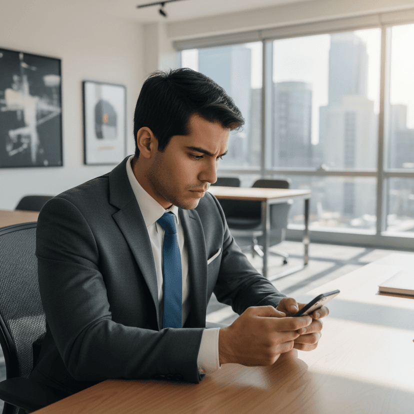 Young man with short dark hair looking at smartphone screen in modern office setting with natural lighting